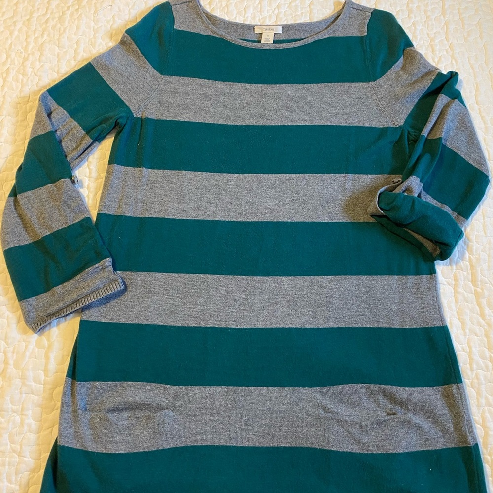 Caslon Striped Teal and Gray Sweater Dress